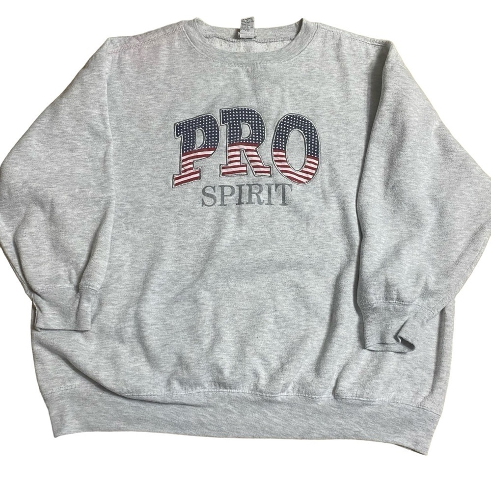 Pro Spirit Gray American Flag Stars Embroidered Crewneck Sweatshirt Size L/XL